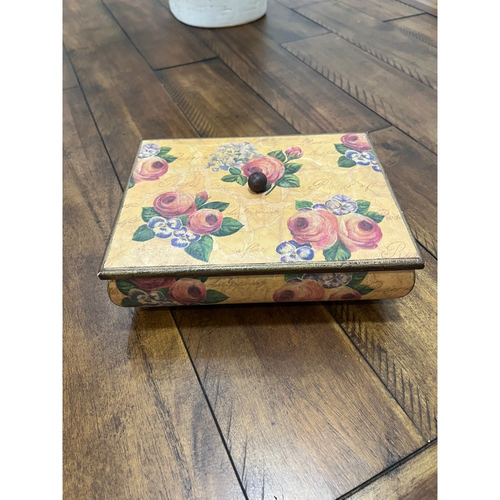 Decoline Floral Jewelry Box Unisex Medium Multicolor Good Vintage Decoupage Wood
